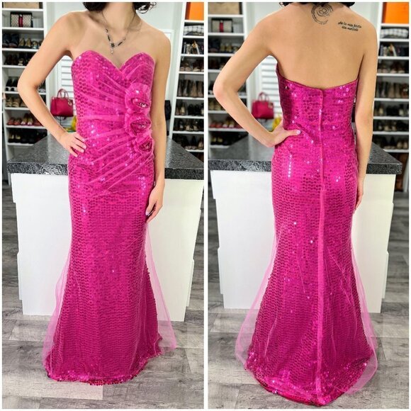 Jovani Magenta Pink Sequined Mesh Strapless Barbiecore Formal Gown $395 - Picture 1 of 12